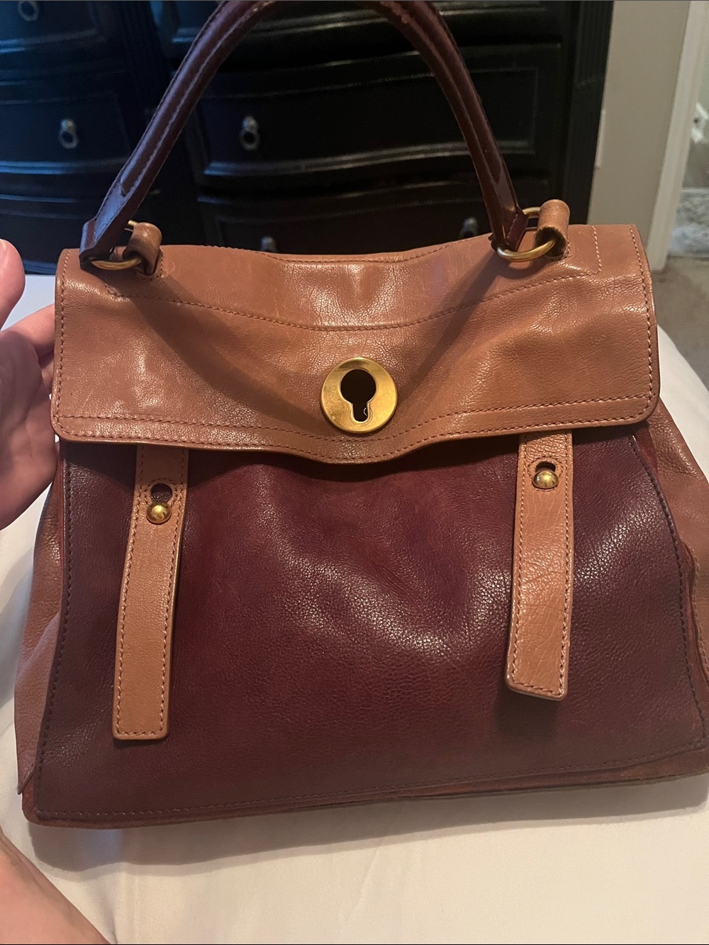 YSL Classic Two-Tone Leather Satchel - Burgundy and Tan